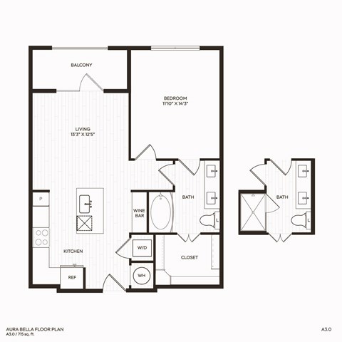 Floor plan for 1 bed, 1 bath, 715 sqft